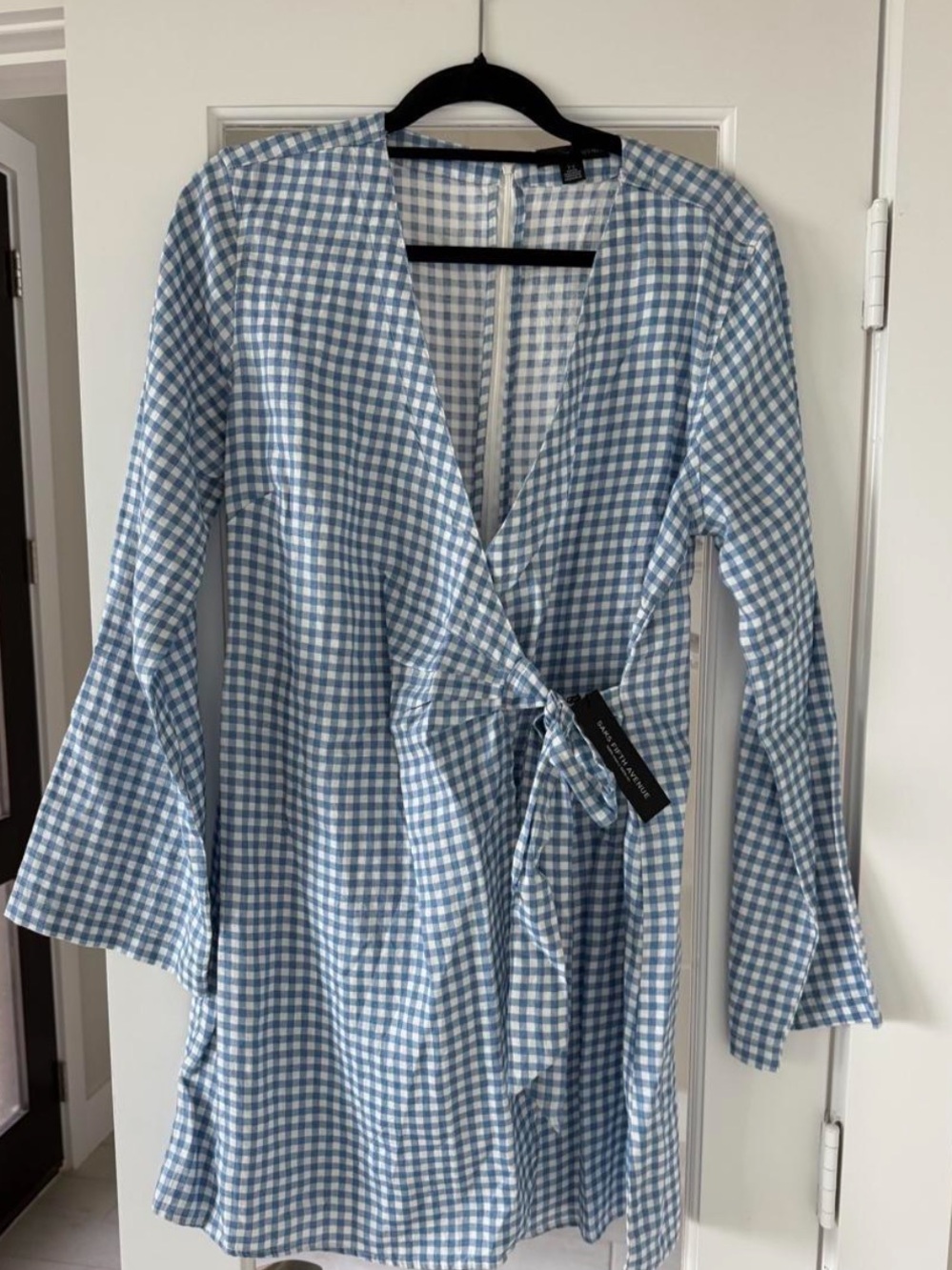 Saks Fifth Avenue Blue and White Gingham mini Dress with bell sleeves